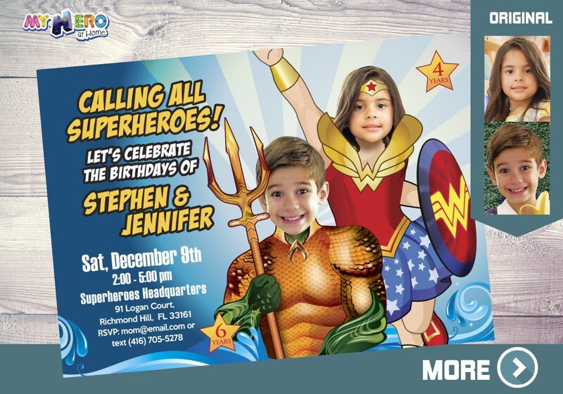 Aquaman and Wonder Woman Birthday Invitation, Aquaman and Wonder Woman Party, Aquaman and Wonder Woman invitation template. 387