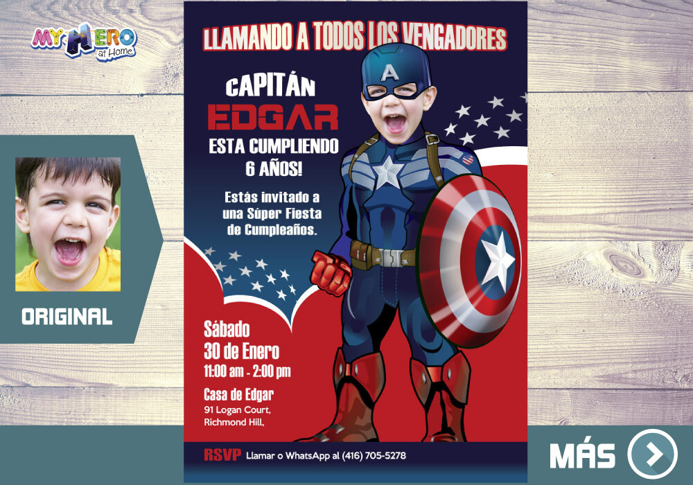 Capitan America Invitacion de Cumpleaños, Fiesta tema Capitan America, Invitacion Capitan America, Cumple tema Capitan America. 074SP