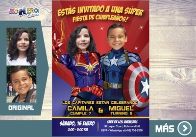 Capitana Marvel y Capitan America Invitacion, Avengers Invitacion de Cumpleanos, Fiesta Capitana Marvel y Capitan America. 236SP