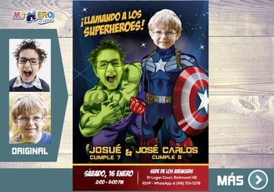 Capitan America y Hulk Invitacion, Avengers Invitacion de Cumpleanos, Fiesta Hulk y Capitan America. Avengers Digital. 169SP