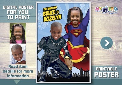 Supergirl and Black Panther poster, Super Siblings Poster, Joint Superheroes Poster, Black Panther and Supergirl Poster, Joint Superheroes Decor. 510