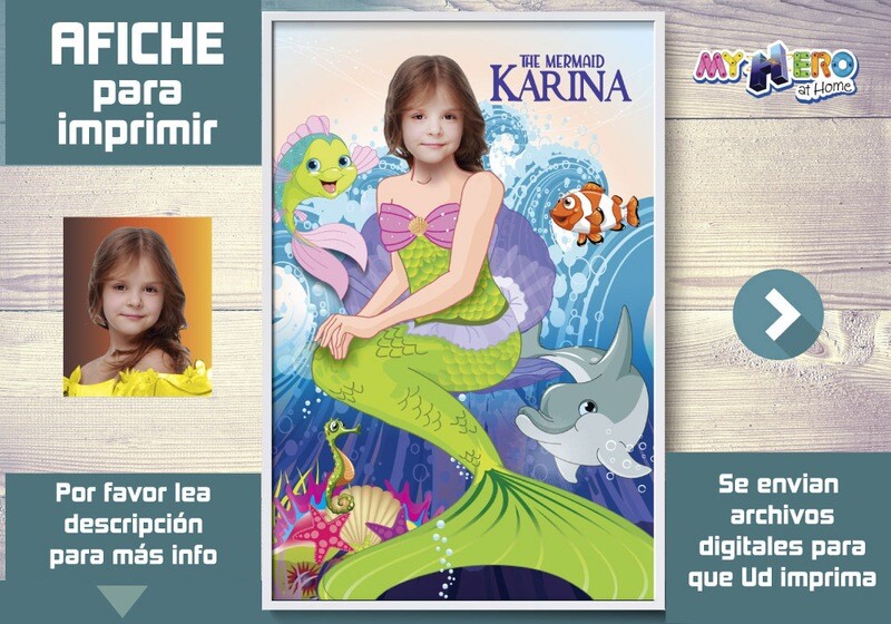 Sirenita Afiche, Princesa Ariel Decoracion, Afiche Personalizado de la Sirenita, Fiesta Sirenita. 512SP