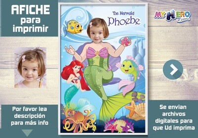 Sirenita Afiche, Princesa Ariel Decoracion, Afiche Personalizado de la Sirenita, Fiesta Sirenita. 513SP
