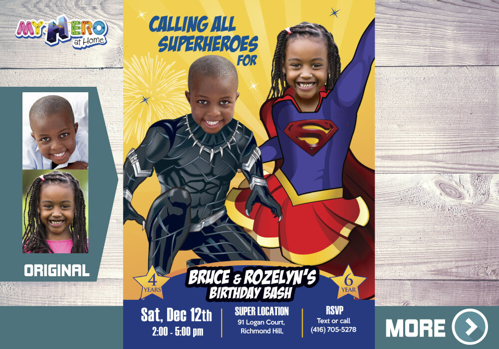 Black Panther and Supergirl Birthday Invitation, Supergirl and Black Panther Party, Joint Superheroes theme Party. 518