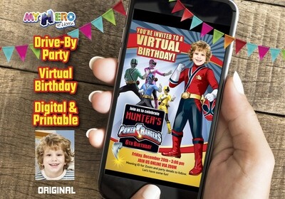 Power Rangers Virtual Birthday Invitation, Red Power Ranger Digital Invitation, Red Power Ranger Drive By, Power Rangers theme party. 001CV
