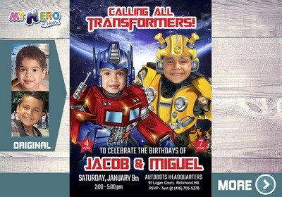 Optimus Prime and Bumblebee Invitation, Joint Transformers Birthday Invitation, Transformers Siblings Party. 524