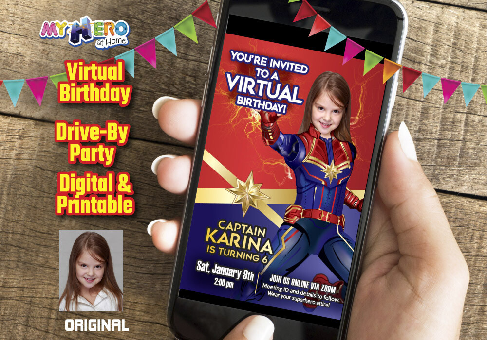 Captain Marvel Virtual Birthday, Captain Marvel Digital Invitation, Girls Avengers Virtual, Captain Marvel Drive By. 288CV
