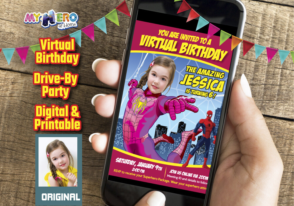 Spider-Woman Digital Birthday Invitation, Pink Spider-Woman Birthday, Spider-Girl party, Spider-Woman Drive By, Spider-Woman Virtual. 391CV