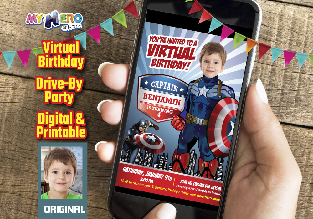 Captain America Virtual Invitation, Captain America Drive By Party, Captain America Virtual Party, Captain America Birthday Parade. 075CV