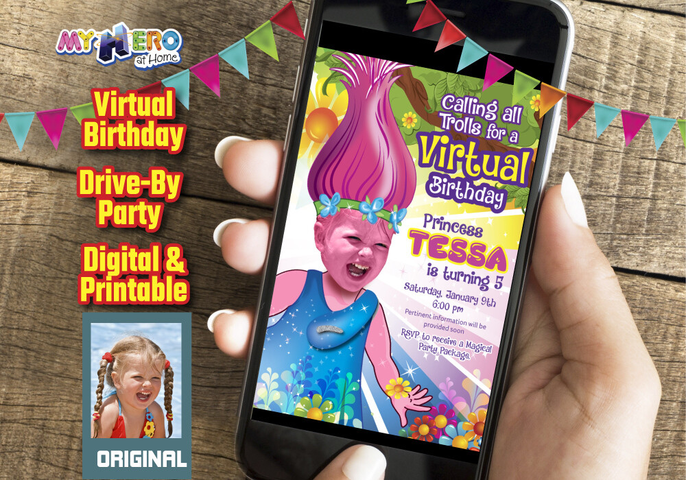 Trolls Virtual Birthday Invitation, Trolls Online party, Trolls Drive By Party, Princess Poppy Virtual Party. 201CV
