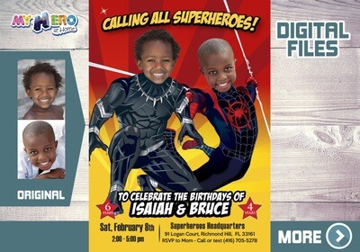 Black Panther and Miles Morales Birthday Invitation, Spider-Verse and Black Panther Party theme party, Joint Miles Morales Black Panther 522