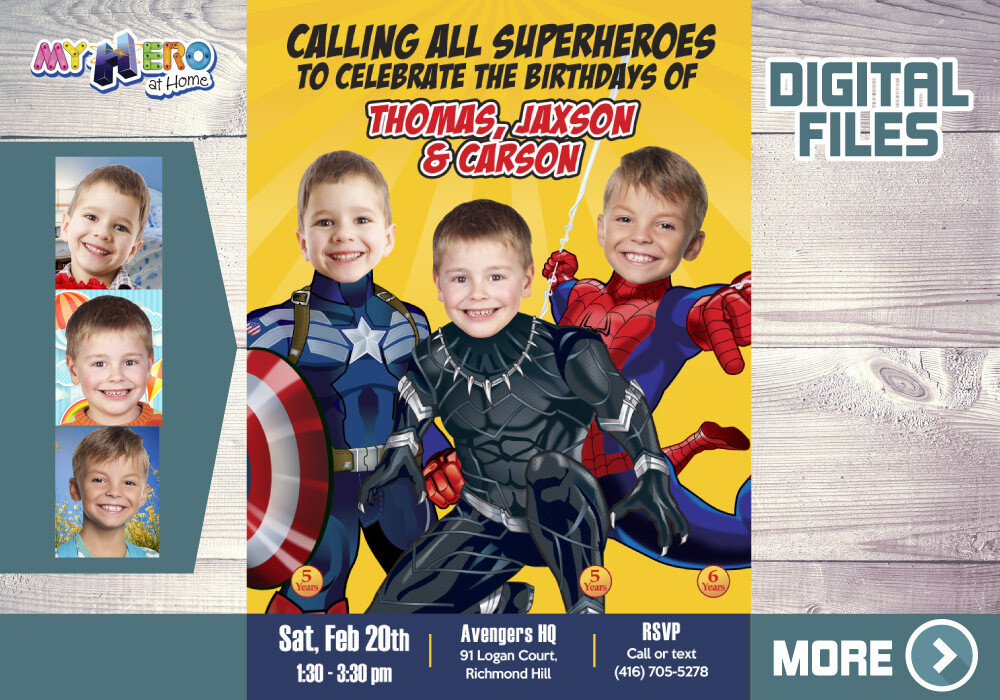 Triplets Birthday Invitation, Superheroes Triplets Party, Triplets Avengers Party, Captain America, Black Panther and Spider-Man Party. 523