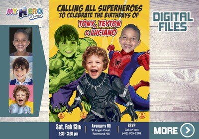 3 Siblings Birthday Invitation, Superheroes Triplets Party, Triplets siblings party invitation, Hulk, Black Panther and Spider-Man Party. 523B
