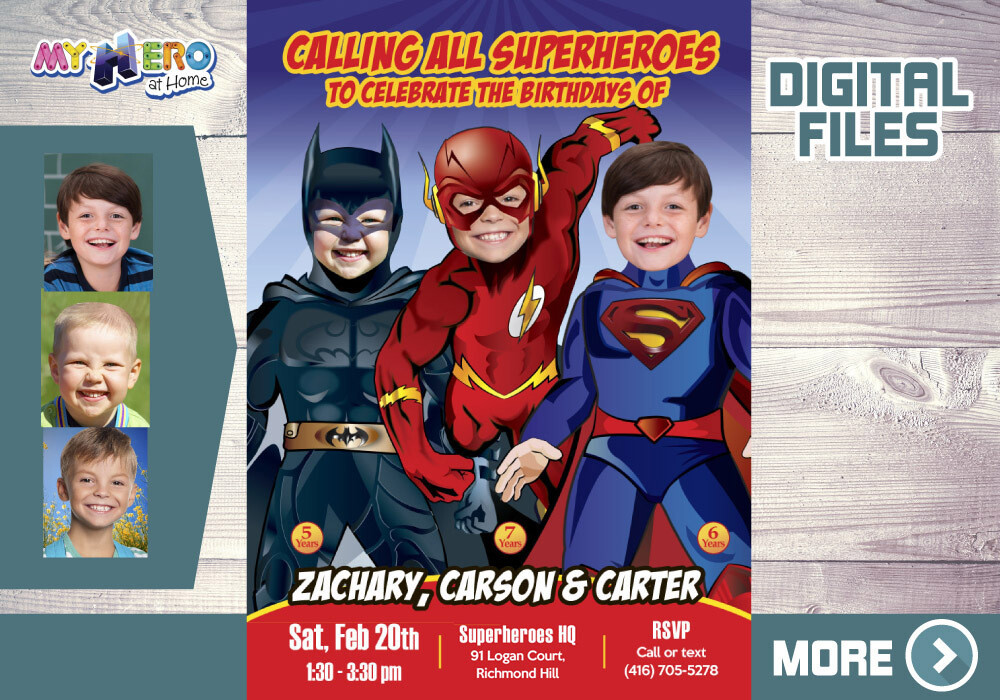 Triplets Birthday Invitation with photos, Superheroes Triplets birthday, Triplets supers Party, Superman, Flash and Batman Party. 525