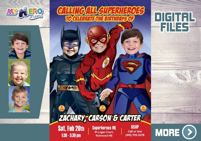Triplets Birthday Invitation with photos, Superheroes Triplets birthday, Triplets supers Party, Superman, Flash and Batman Party. 525