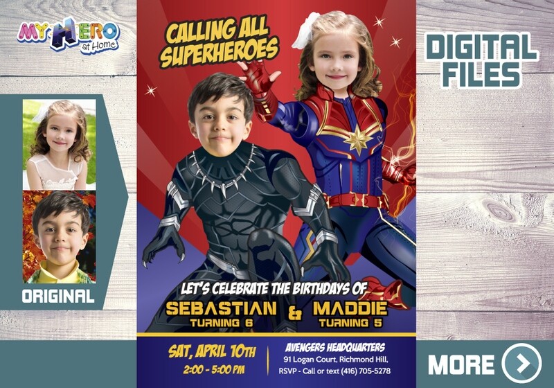 Captain Marvel and Black Panther Birthday Invitation, Black Panther and Captain Marvel Party Invitation, Joint Black Panther Captain Marvel Party.  540