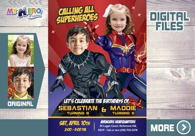 Captain Marvel and Black Panther Birthday Invitation, Black Panther and Captain Marvel Party Invitation, Joint Black Panther Captain Marvel Party. 540