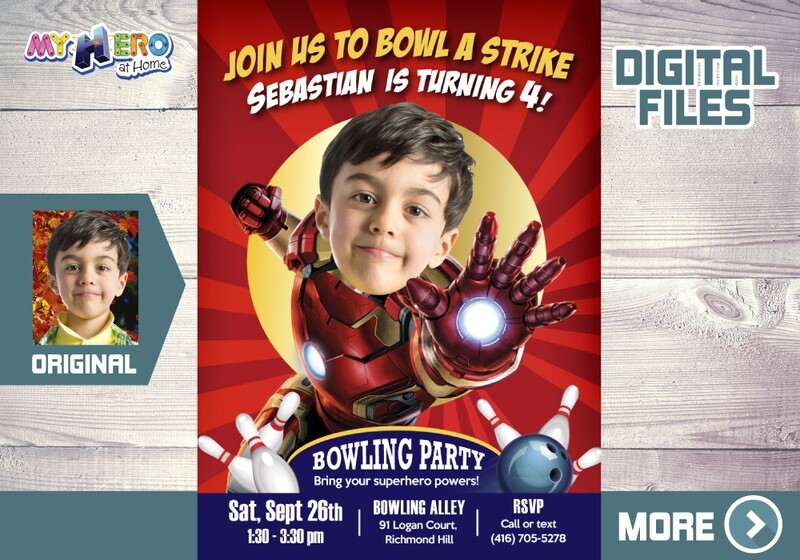 Iron Man Bowling Birthday Invitation, Iron Man Bowling theme party, Iron Man Bowling party, Fiesta Bowling tema Iron Man. 541B
