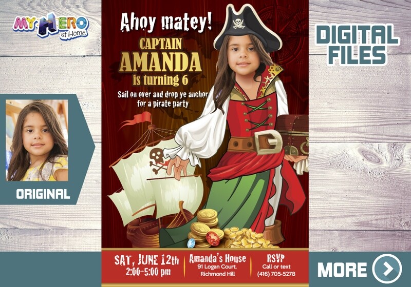 Girl Pirate Birthday Invitation, Girl Pirates theme Party Ideas, Girl Pirate Digital Invitation, Invitacion de Nina tema Piratas. 228