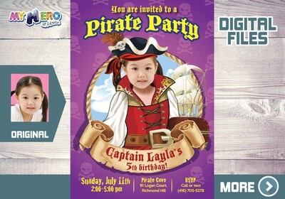 Girl Pirate Birthday Invitation, Girl Pirates theme Party, Girl Pirate Digital Invitation, Girls Pirates Online Birthday. 226