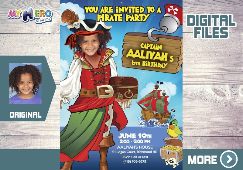 Girl Pirate Birthday Invitation with your photo, Girl Pirates theme Party Ideas, Girl Pirate Digital Invitation. 230