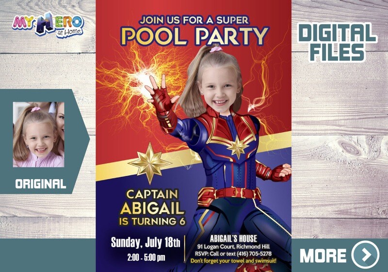 Captain Marvel Pool Party Invitation, Captain Marvel Waterslide Party, Captain Marvel Splash party Invitation, Captain Marvel evite. 353