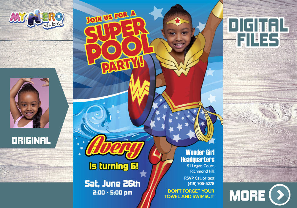 Wonder Woman Pool Party Invitation, Pool Party themed Wonder Woman, Pool Wonder Woman, Super hero girls Pool Party. 130