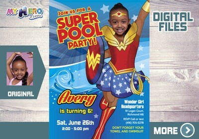 Wonder Woman Pool Party Invitation, Pool Party themed Wonder Woman, Pool Wonder Woman, Super hero girls Pool Party. 130