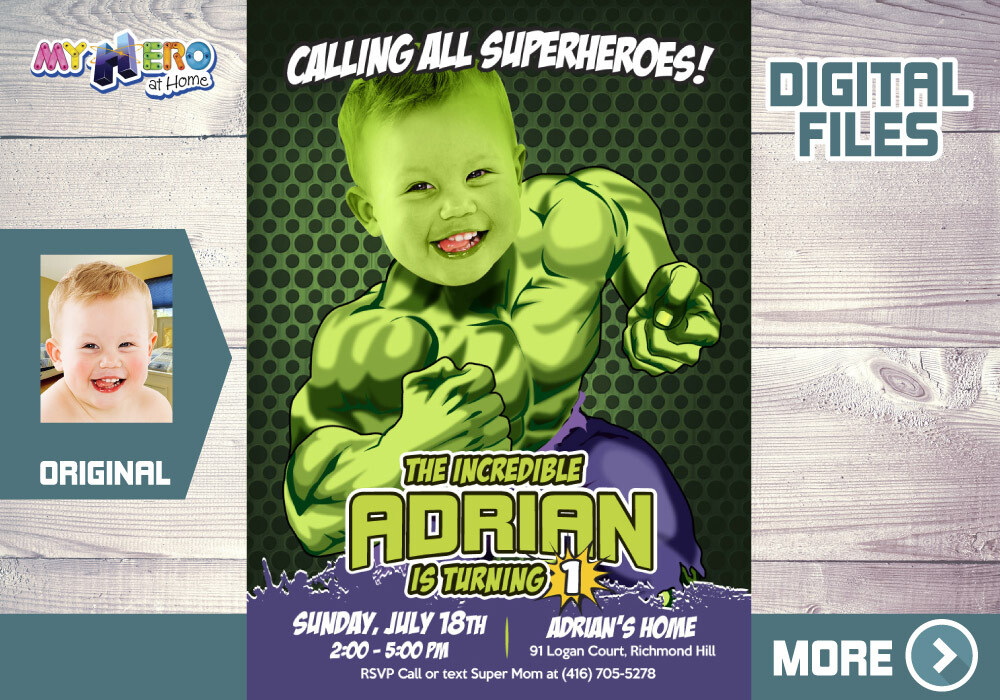 Hulk 1st Invitation, Hulk First Birthday, Baby Hulk Birthday, Baby Hulk theme Party, Hulk Party favors. 089B