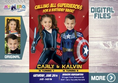Black Widow and Captain America Birthday Invitation, Avengers Siblings Party, Joint Captain America and Black Widow Party. 543