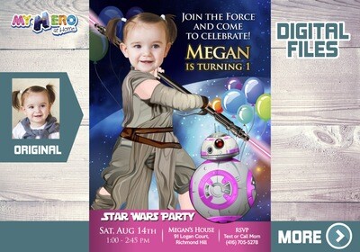 Baby Jedi Rey 1st Birthday Invitation, Star Wars Baby Girl 1st Invitation, First Birthday Jedi Rey, Baby Jedi Rey 1st Party. 413