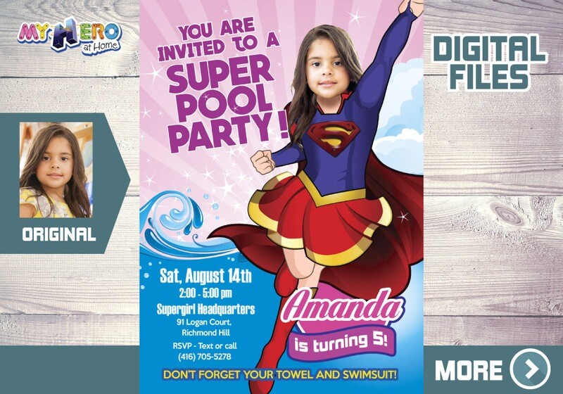 Supergirl Pool Party Invitation, Pool Party Super Hero Girls, Supergirl Birthday, Supergirl theme Party, Supergirl thank you, Supergirl party favors. 114