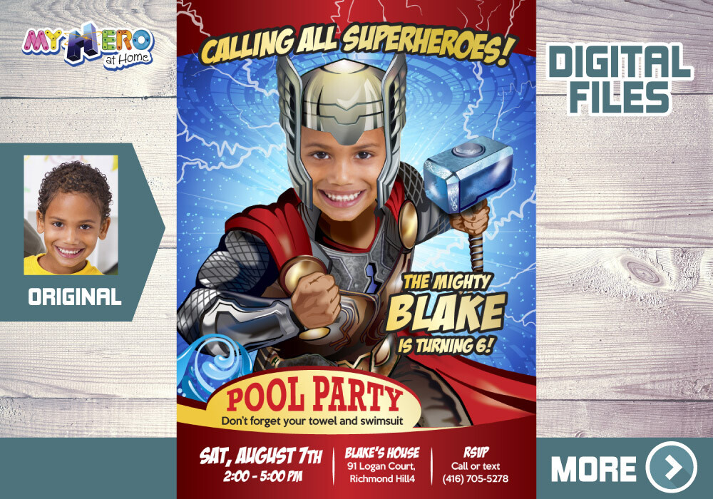 Thor Pool Party Invitation, Avengers Pool party invitation, Thor Water Party, Thor Water Slide, Thor Splash Party, Thor Thank You. 350