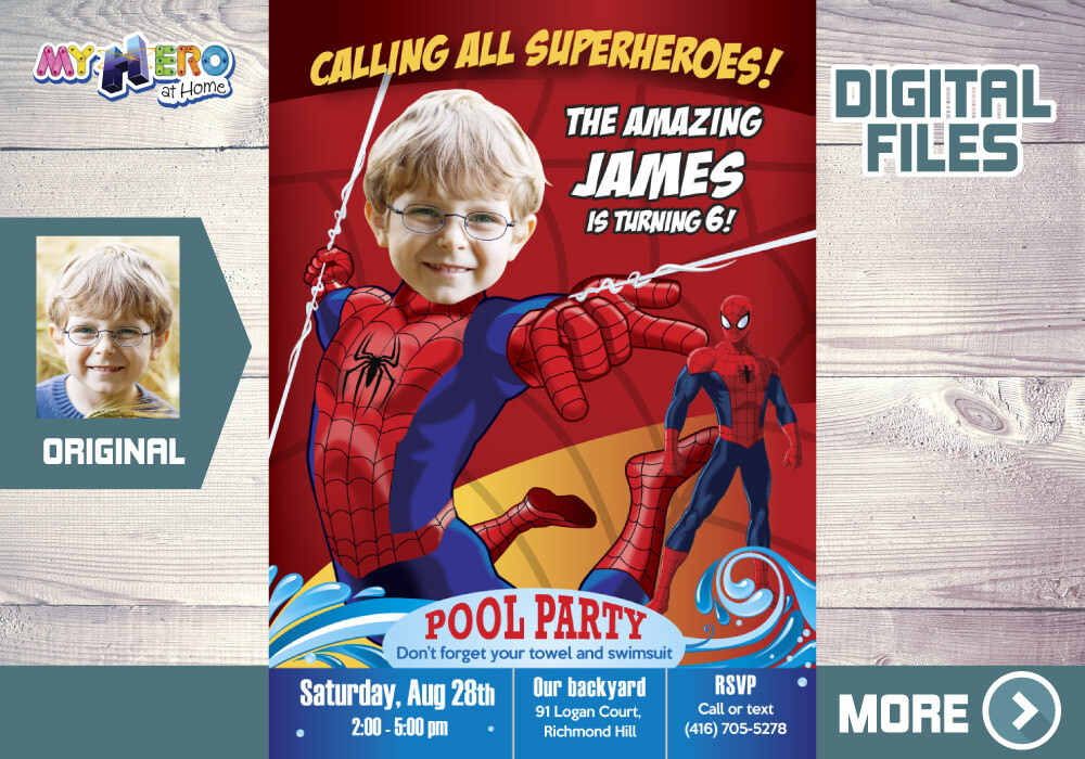 Spider-man Pool Party Invitation, Spiderman water slide party, Spider-man water Party, Spider-man digital, Spider-man thank you. 105