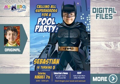 Batman Pool Party Invitation, Batman Summer party, Batman Water slide Party, Batman Digital, Batman Thank you. 355
