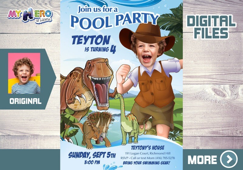 Dinosaurs Pool Party Invitation, Paleontologist Pool party, Dinosaurs Splash Party, Dinosaurs Digital, Dinosaurs pool party thank you. 210B