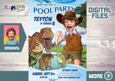Dinosaurs Pool Party Invitation, Paleontologist Pool party, Dinosaurs Splash Party, Dinosaurs Digital, Dinosaurs thank you. 210B
