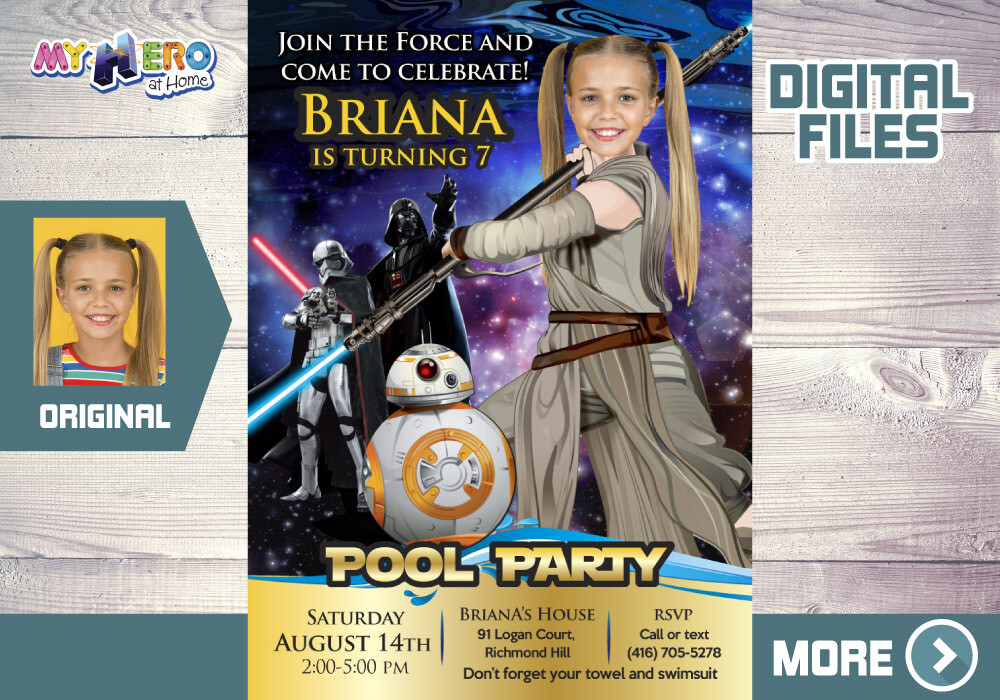 Jedi Rey Pool Party Invitation, Star Wars Pool Party, Pool Party themed Star Wars, Jedi Rey Digital Invitation, Jedi Rey Bday Party. 015