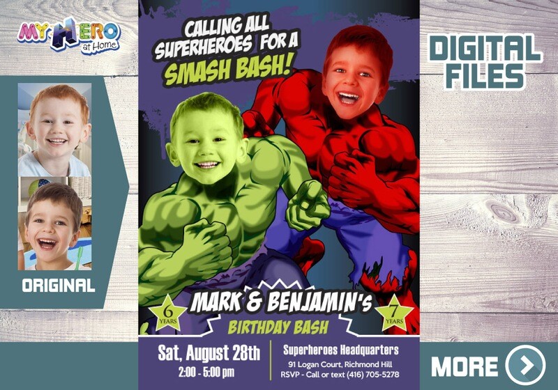 Joint Hulk and Red Hulk Birthday Invitation, Hulks siblings Party, Hulks twins invitation with photos. 418B