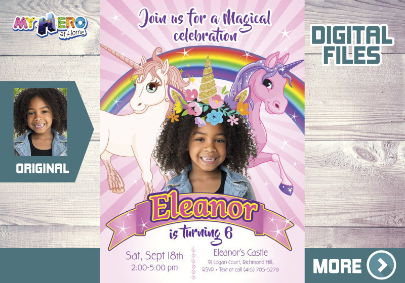 Unicorns Bday Invitation, Unicorns Photo invitation, Unicorn Party, Rainbow bday invitation, Unicorns thank you, Unicorns favor tags. 285