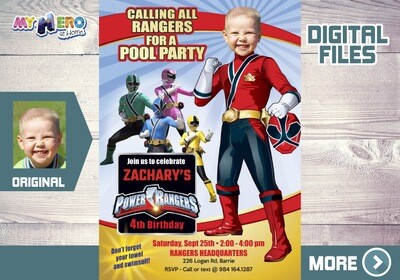 Power Rangers Pool Party Invitation, Red Power Ranger Party, Power Rangers Theme pool party, Rangers Water slide, Rangers Digital Invitation. 001P
