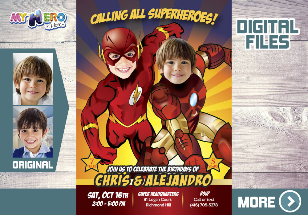 Flash and Iron Man Birthday Invitation, Joint Superheroes Party, Iron Man and Flash Party, Siblings Superheroes Birthday. 159