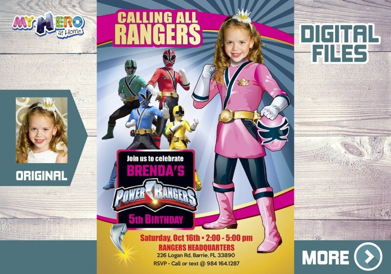 Girl Power Rangers Birthday Invitation with photo, Pink Power Rangers Party Invitation. 396