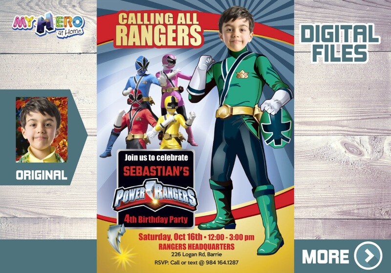 Green Power Rangers Invitation, Green Power Ranger Party, Power Rangers photo invitation. 415