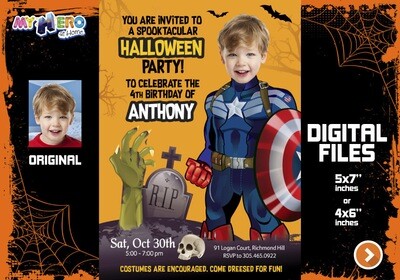 Captain America Halloween Party, Captain America Digital, Captain America Bday Invitation, Captain America thank you. 466F