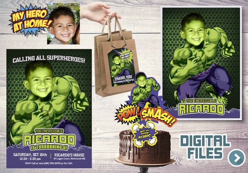Hulk Party Pack, Hulk Birthday Invitation, Hulk thank you card, Hulk cake topper, Hulk Poster, Hulk favor tags, Hulk theme Party. 089P