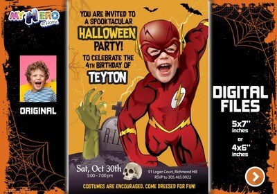 Flash Digital Invitation, Flash Halloween Party, Halloween Superheroes theme, Flash Thank You, Flash favor tags. 466G