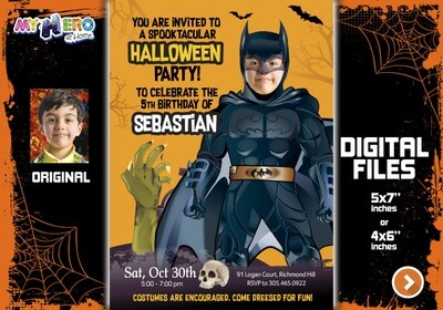 Batman Digital Invitation, Batman Halloween Party, Halloween Superheroes theme, Batman Thank You, Batman favor tags. 466C