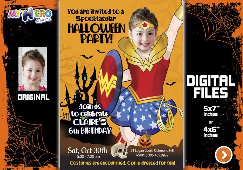 Wonder Woman Halloween Party, Wonder Woman Digital Invitation, Halloween Super hero girls theme, Wonder Woman Thank You, Wonder Woman favor tags. 466E