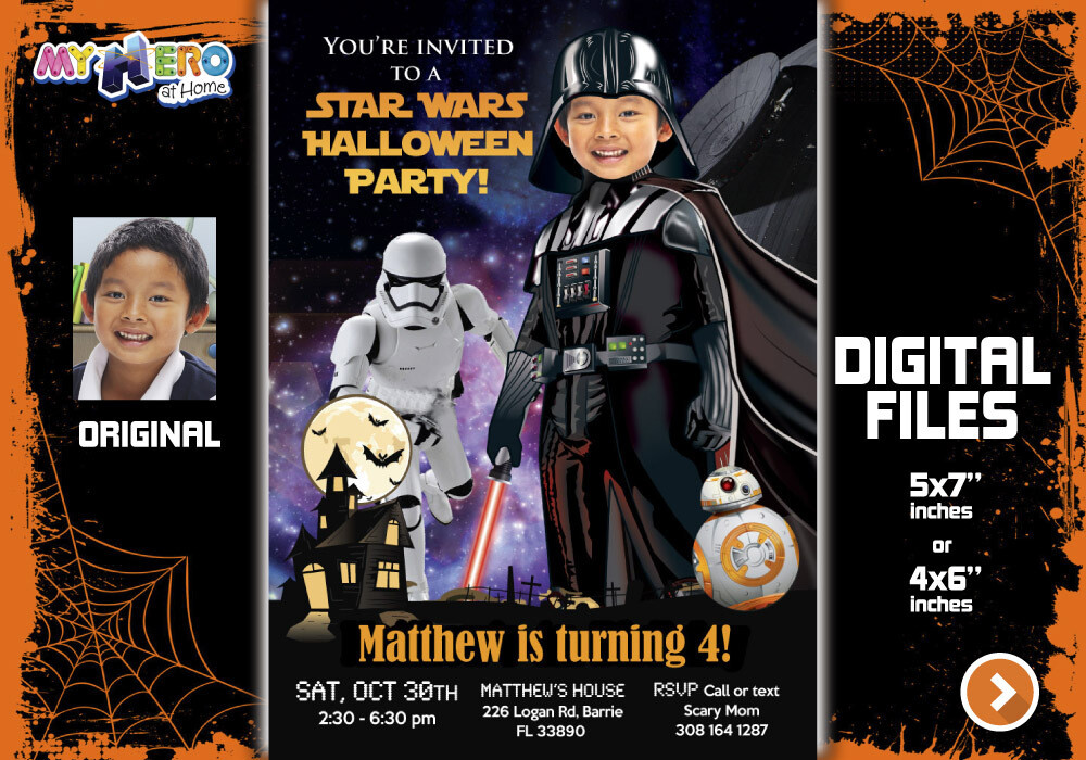 Darth Vader Halloween Invitation, Star Wars Halloween, Halloween Darth Vader invite, Darth Vader Halloween party, Darth Vader Party. 009H